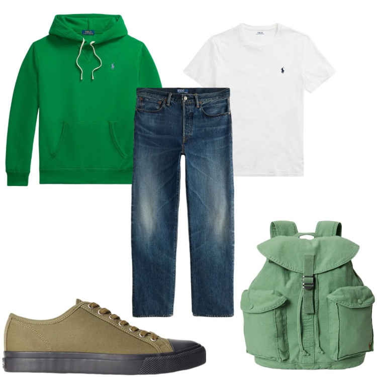 Outfit uomo - Total look #2354531. Stile Casual per Tutti i giorni. Abbinamento con sneakers, t-shirt, jeans dritti, felpe con cappuccio, borse sportive.