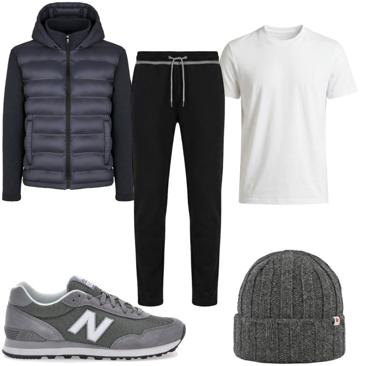 Outfit uomo - Total look #2354532. Stile Trendy per Sport. Abbinamento con t-shirt, pantaloni, berretti, piumini, sneakers.