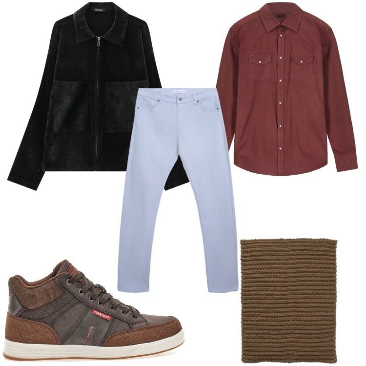 Outfit uomo - Total look #2354533. Stile Casual per Tutti i giorni. Abbinamento con cappotti, pantaloni skinny, scaldacollo, camicie, sneakers alte.