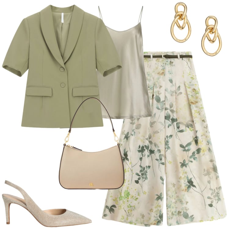 Outfit donna - Marzo. Stile Urban per Tutti i giorni. Abbinamento con décolleté, top, pantaloni a palazzo, blazer, borse a spalla, orecchini.