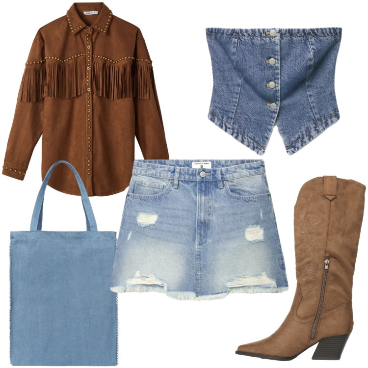Outfit donna - Terranova - Desert Code : denim. Stile Trendy per Tutti i giorni. Abbinamento con top, borse tote, stivali, minigonne, camicie.