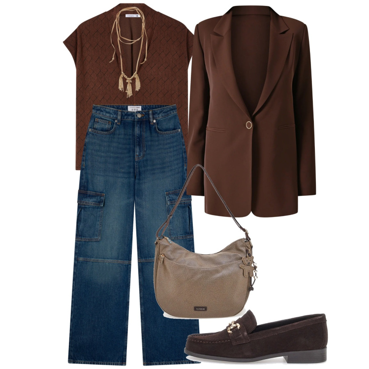 Outfit donna - Primavera. Stile Preppy per Tutti i giorni. Abbinamento con jeans, bluse, collane, blazer, mocassini, borse a spalla.