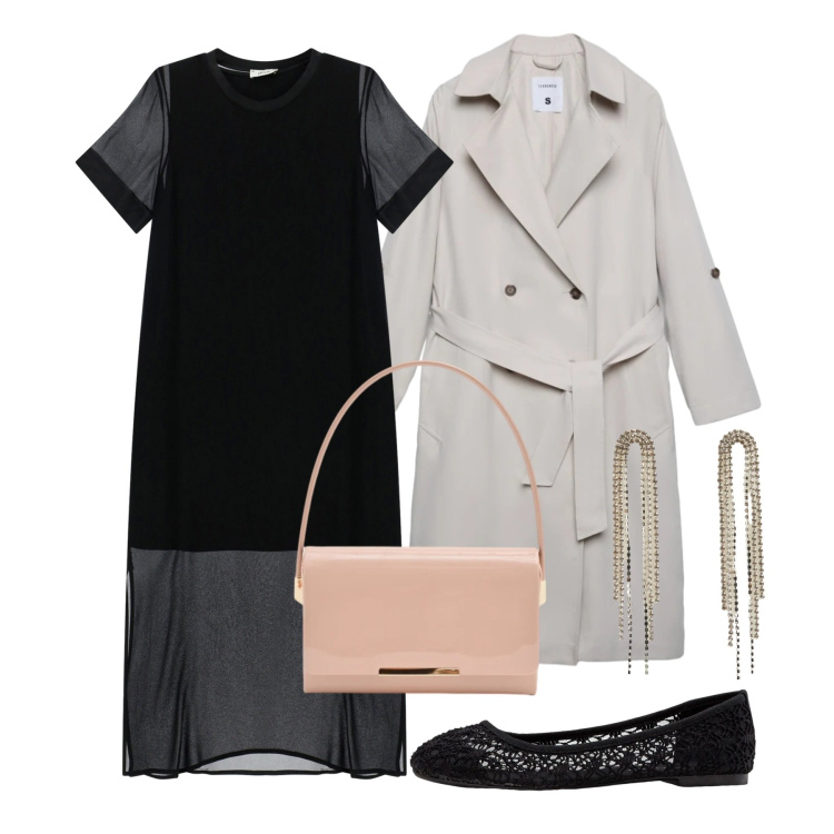 Outfit donna - Serata ballerine. Stile Chic per Serata fuori. Abbinamento con ballerine, orecchini, trench, vestiti midi/longuette, pochette.