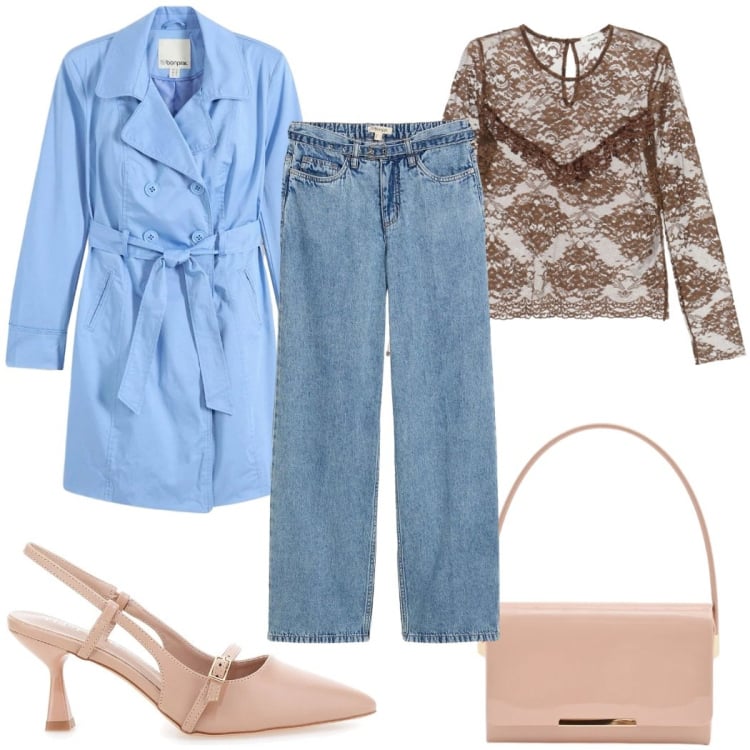 Outfit donna - Un trench a marzo - casual chic. Stile Casual chic per Tutti i giorni. Abbinamento con trench, jeans dritti, camicie, pochette, décolleté.