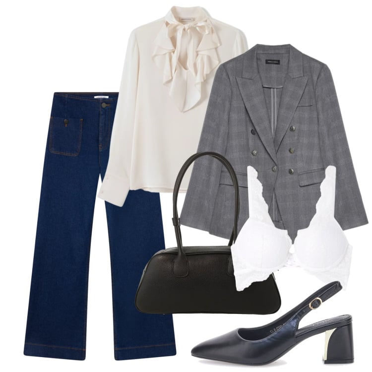 Outfit donna - Primavera. Stile Casual chic per Tutti i giorni. Abbinamento con blazer, jeans, reggiseni, bluse, borse a mano, décolleté.
