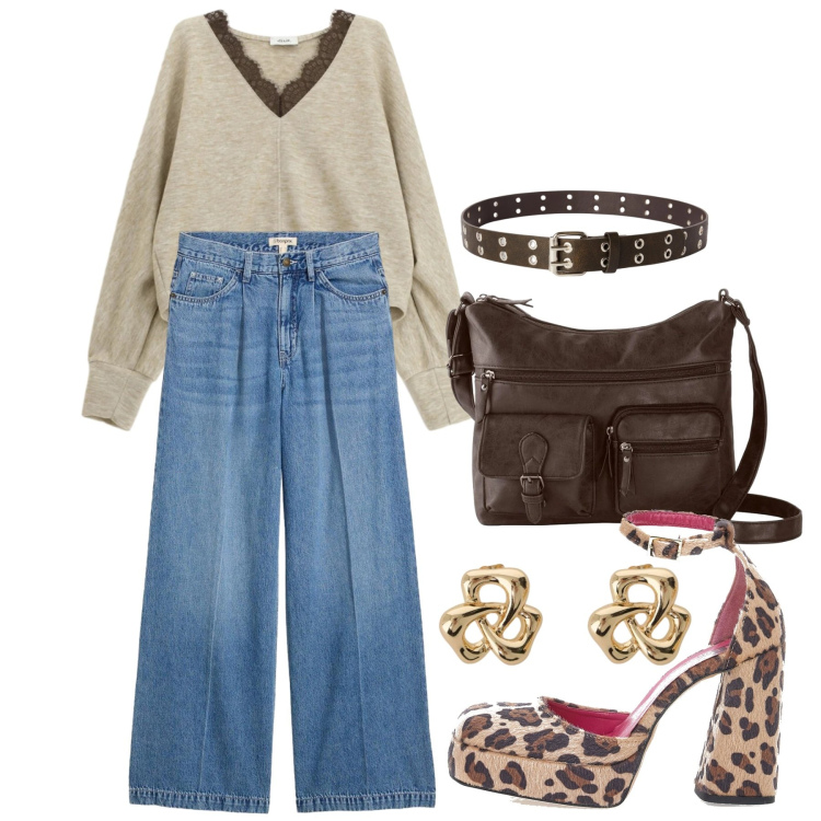 Outfit donna - Primavera casual chic. Stile Casual chic per Tutti i giorni. Abbinamento con borse a tracolla, jeans, cinture, orecchini, pullovers, décolleté.