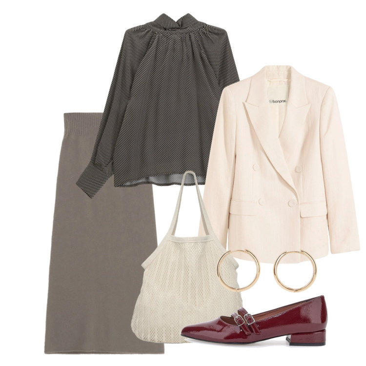 Outfit donna - Pois très chic. Stile Chic per Tutti i giorni. Abbinamento con orecchini, blazer, shopping bag, gonne lunghe, camicie, ballerine.