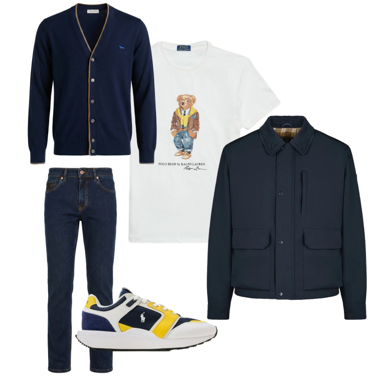 Outfit uomo - Senza camicia. Stile Casual per Tutti i giorni. Abbinamento con jeans, cardigans, piumini, sneakers, t-shirt.