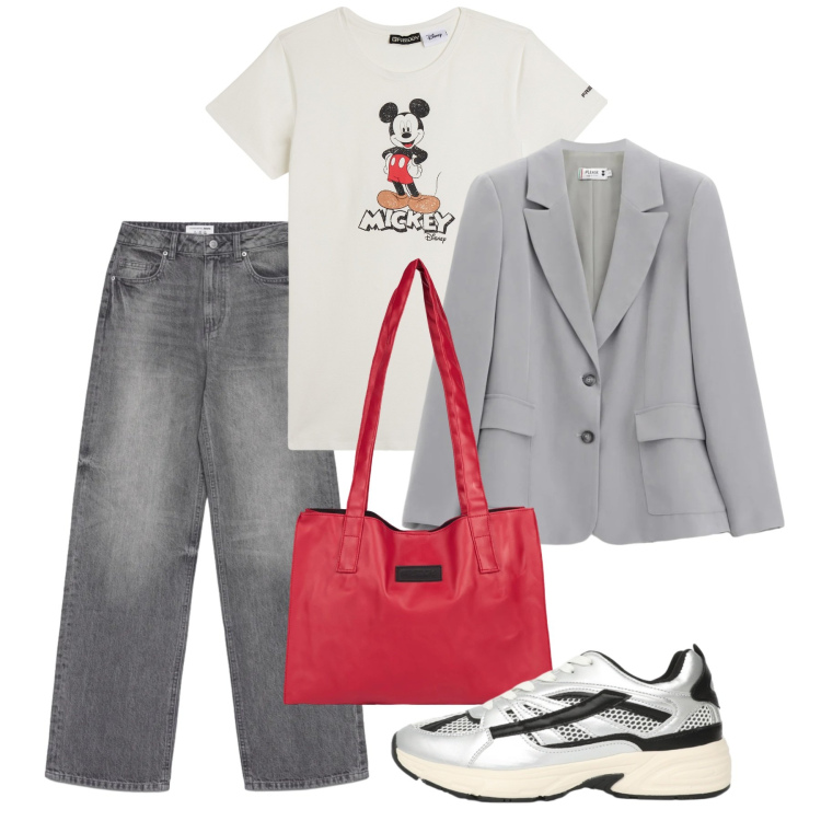 Outfit donna - Primavera basic. Stile Basic per Tutti i giorni. Abbinamento con jeans, sneakers, shopping bag, t-shirt, blazer.