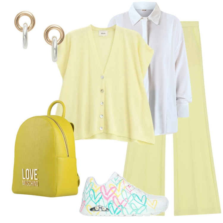 Outfit donna - Giallo meravigliosamente donna. Stile Casual chic per Tutti i giorni. Abbinamento con zaini, pantaloni, gilet, camicie, orecchini, sneakers.