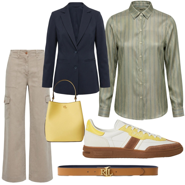 Outfit donna - Total look #2354565. Stile Preppy per Ufficio. look ideale per Tall. Abbinamento con camicie, pantaloni cargo, blazer, sneakers, cinture, borse a secchiello.