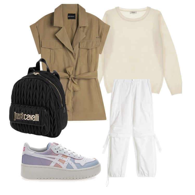 Outfit donna - Trench smanicato per la mezza stagione. Stile Sporty chic per Scuola/Università. Abbinamento con zaini, pullovers, pantaloni cargo, trench, sneakers.