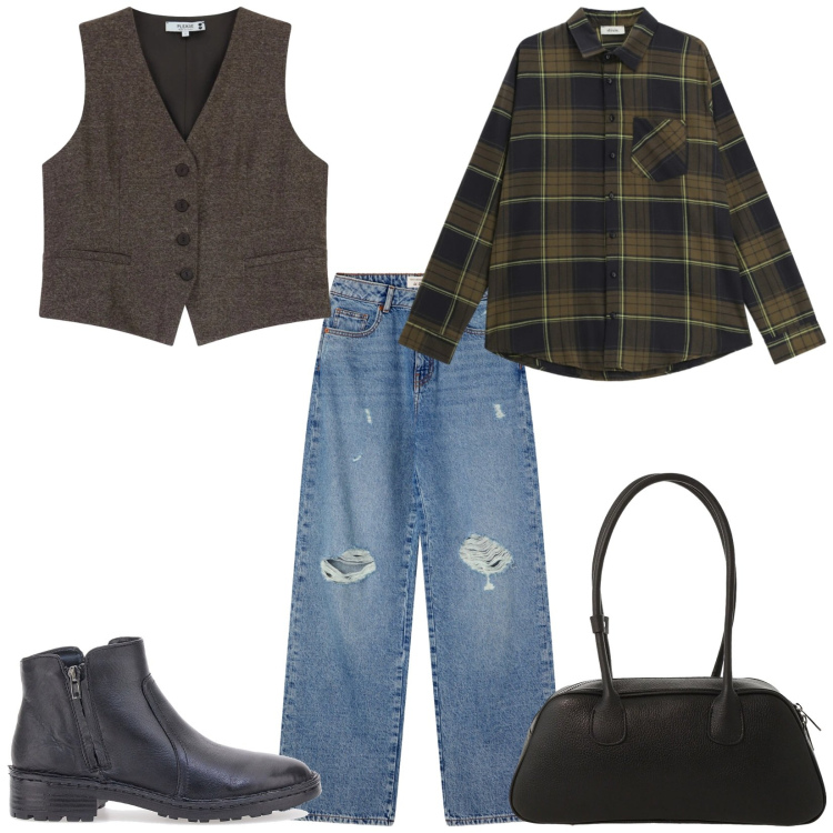 Outfit donna - Total look #2354567. Stile Trendy per Tutti i giorni. Abbinamento con jeans strappati, camicie, borse a mano, gilet, stivaletti.