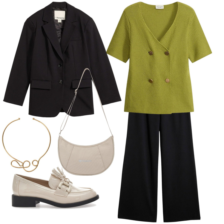 Outfit donna - Cardigan stile blazer. Stile Basic per Tutti i giorni. Abbinamento con cardigans, pantaloni, blazer, collane, borse a spalla, mocassini.