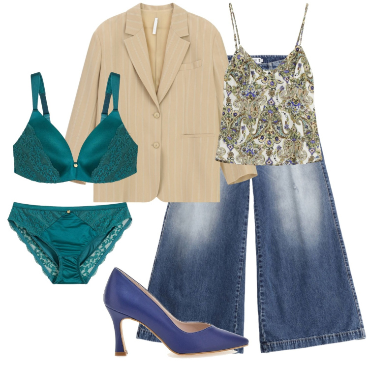 Outfit donna - Total look con intimo di pizzo. Stile Trendy per Serata fuori. Abbinamento con culotte, reggiseni, blazer, top, jeans, décolleté.