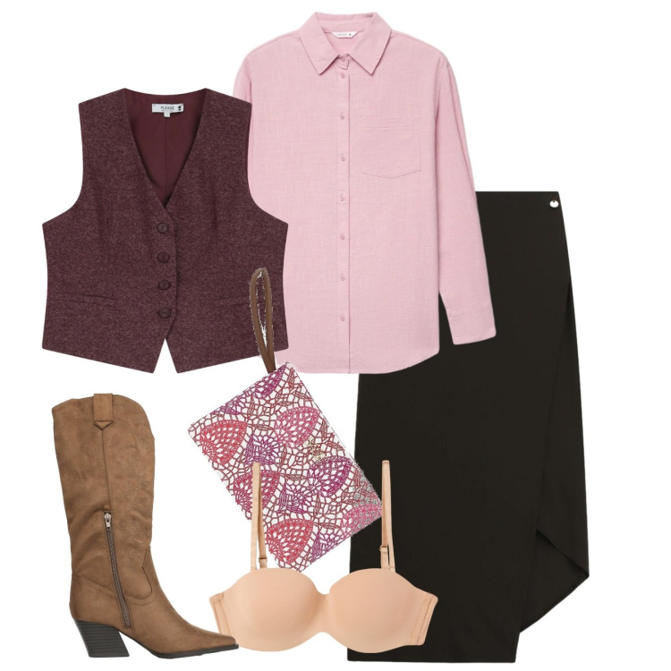 Outfit donna - Pink. Stile Bon Ton per Tutti i giorni. Abbinamento con camicie, reggiseni, stivali, gonne lunghe, gilet, pochette.