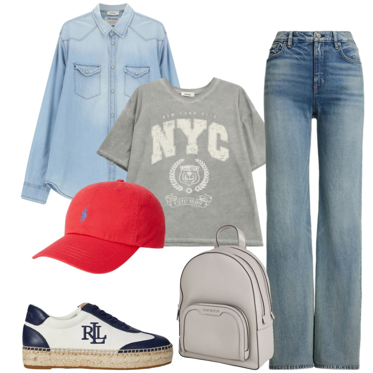 Outfit donna - Total look #2354594. Stile Casual per Tutti i giorni. Abbinamento con zaini, camicie, t-shirt, cappelli, jeans, sneakers.