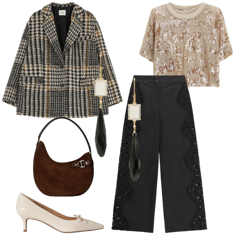 Outfit donna - Total look #2354598. Stile Chic per Serata fuori. Abbinamento con t-shirt, blazer, pantaloni a palazzo, borse a spalla, orecchini, décolleté.