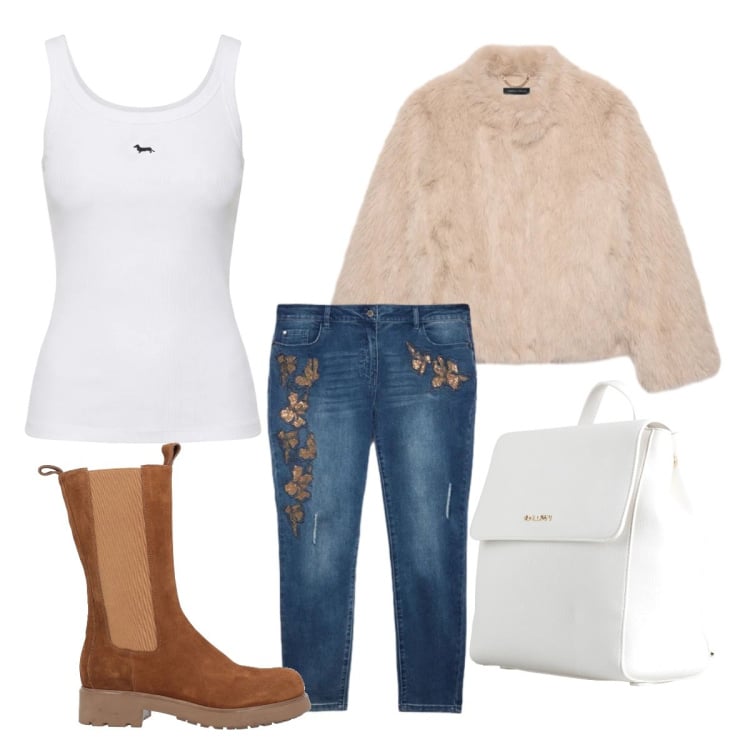 Outfit donna - Fiori sui jeans. Stile Romantica per Tutti i giorni. Abbinamento con zaini, stivali, canottiere, jeans skinny, ecopellicce.