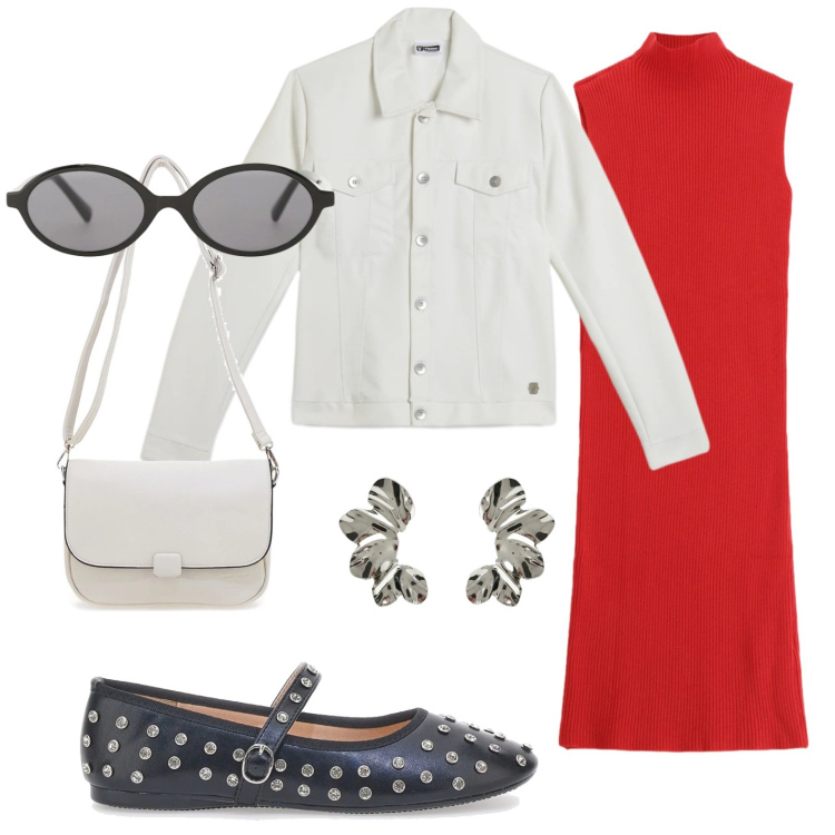Outfit donna - Dalla zia a pranzo in rosso. Stile Urban per Scuola/Università. Abbinamento con occhiali da sole, vestiti midi/longuette, orecchini, giacche, ballerine, borse a tracolla.