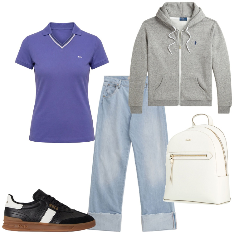 Outfit donna - Total look #2354602. Stile Urban per Tutti i giorni. Abbinamento con zaini, polo, jeans dritti, sneakers, felpe con cappuccio.