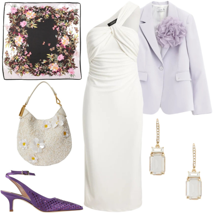 Outfit donna - Eventi importanti. Stile Romantica per Cerimonia. Abbinamento con sciarpe, décolleté, blazer, vestiti asimmetrici, orecchini, pochette.