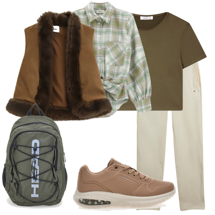 Outfit donna - Passeggiata in collina. Stile Sporty chic per Sport. Abbinamento con t-shirt, camicie, gilet, pantaloni, sneakers, zaini.