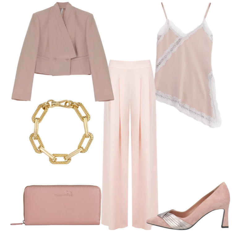 Outfit donna - Total look #2354608. Stile Romantica per Cerimonia. Abbinamento con décolleté, portafogli, blazer, canottiere, pantaloni a palazzo, braccialetti.