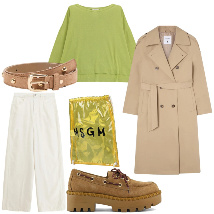 Outfit donna - Lunch look. Stile Glamour per Tutti i giorni. Abbinamento con zaini, trench, cinture, pantaloni a palazzo, maglieria, mocassini.