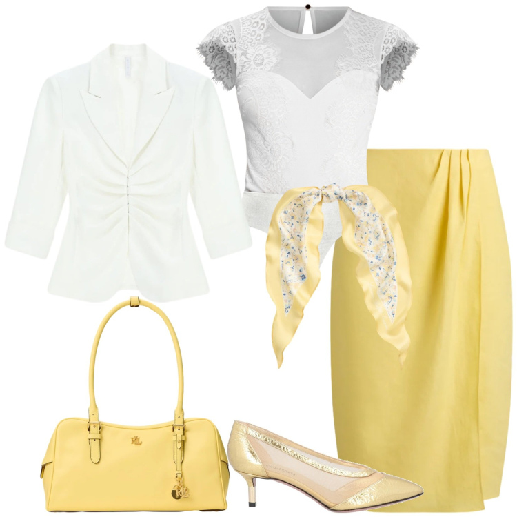 Outfit donna - Total look #2354612. Stile Romantica per Cerimonia. Abbinamento con décolleté, blazer, top, foulard, borse a mano, gonne.