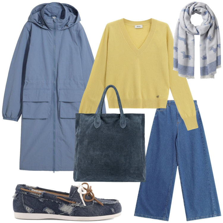 Outfit donna - Tempo libero. Stile Casual per Tutti i giorni. Abbinamento con parka, sciarpe, jeans, maglieria, mocassini, borse a mano.