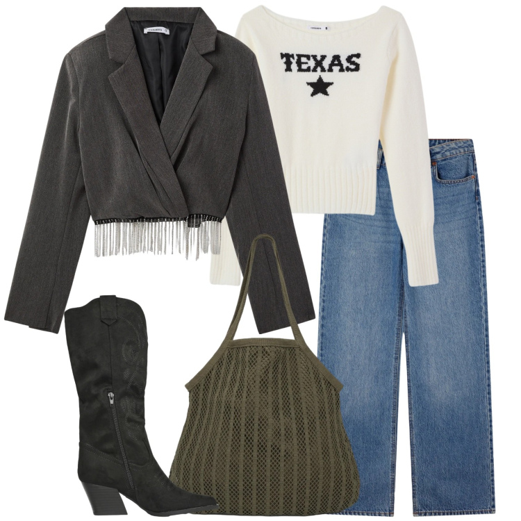 Outfit donna - Texas. Stile Casual per Scuola/Università. Abbinamento con blazer, stivali, jeans, maglieria, shopping bag.