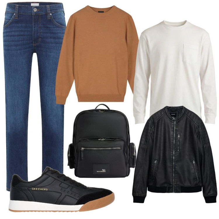 Outfit uomo - Fiorenzo: prof. di chimica.. Stile Urban per Ufficio. Abbinamento con jeans dritti, t-shirt, borse sportive, giacche, sneakers, maglieria.