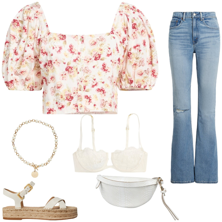 Outfit donna - Romanticismo Urbano & Denim Flare. Stile Casual chic per Tutti i giorni. Abbinamento con camicie a manica corta, marsupi, collane, reggiseni a balconcino, jeans, espadrillas.