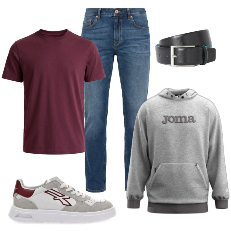 Outfit uomo - Francesco: solo una passeggiata!. Stile Urban per Tutti i giorni. Abbinamento con jeans, t-shirt, cinture, sneakers, felpe con cappuccio.