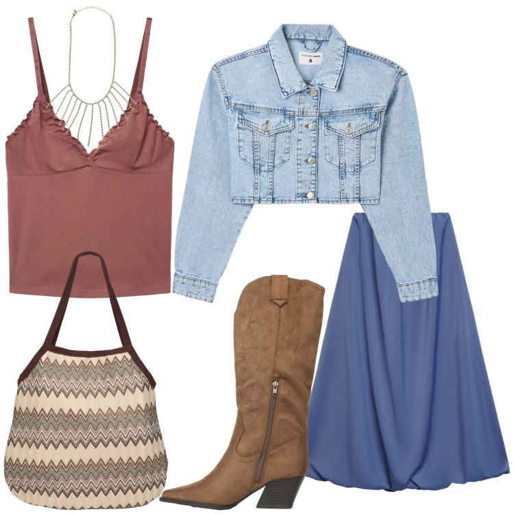 Outfit donna - Mood Rodeo Urbano. Stile Etnico per Tutti i giorni. look ideale per Tall. Abbinamento con gonne lunghe, collane, stivali, canottiere, blazer, borse tote.