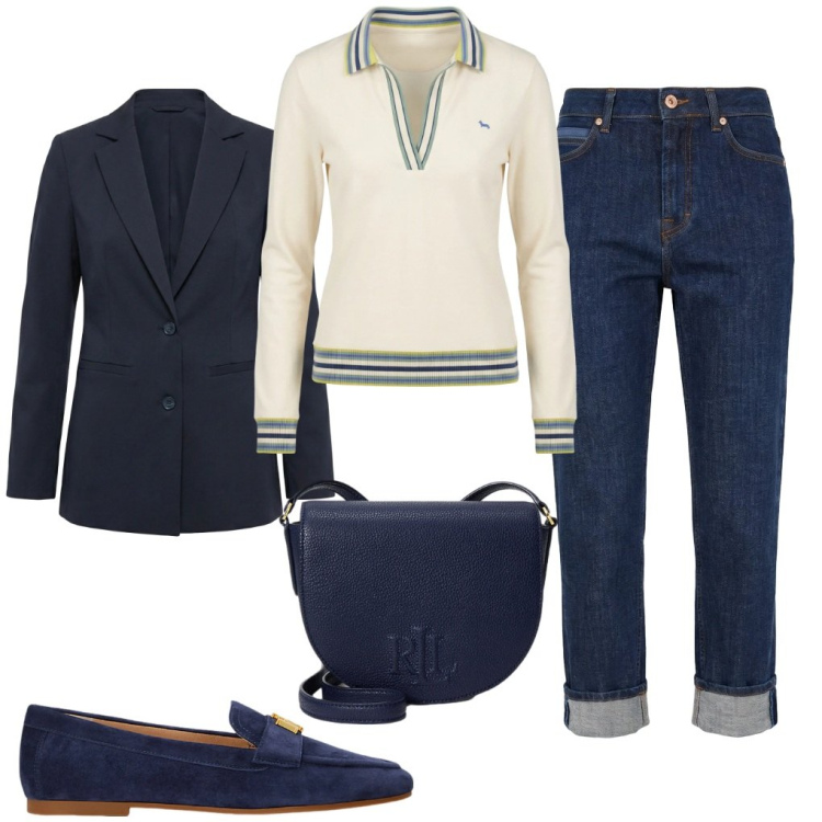 Outfit donna - Alessia: polo al centro.. Stile Trendy per Tutti i giorni. Abbinamento con polo, jeans, blazer, borse a tracolla, mocassini.