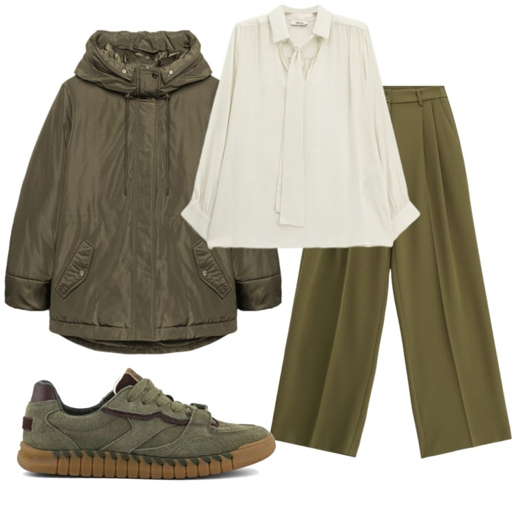Outfit donna - Total look #2354632. Stile Basic per Ufficio. Abbinamento con eskimo, pantaloni a palazzo, camicie, sneakers.