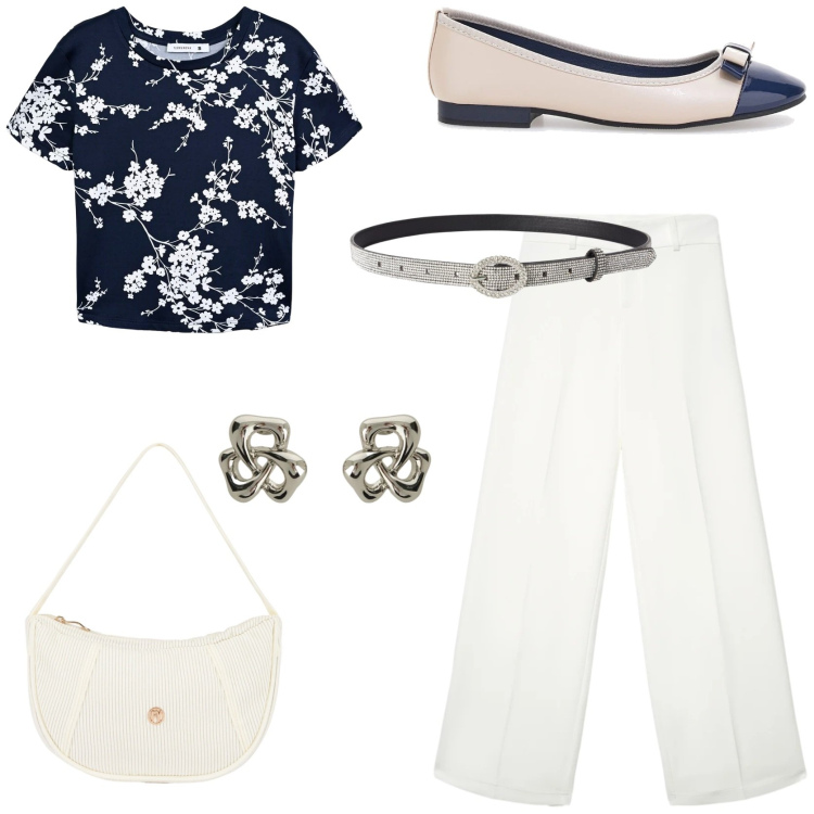 Outfit donna - Profumo di primavera. Stile Bon Ton per Tutti i giorni. Abbinamento con t-shirt, cinture, pantaloni, orecchini, borse a mano, ballerine.