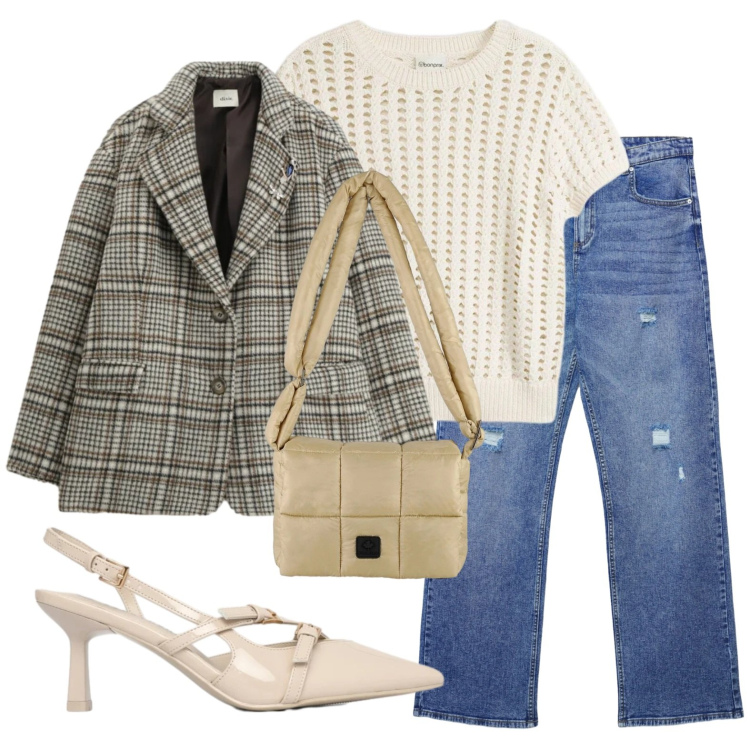 Outfit donna - Jeans over 50. Stile Casual chic per Ufficio. Abbinamento con bluse, jeans strappati, décolleté, blazer, borse a spalla.