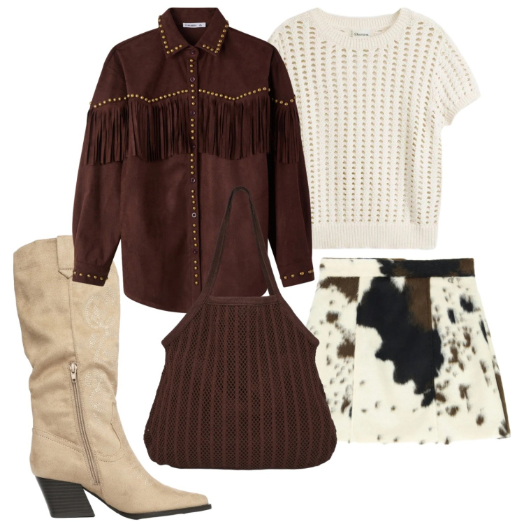 Outfit donna - Mini e stivali stile ranch. Stile Trendy per Scuola/Università. Abbinamento con bluse, stivali, shopping bag, camicie, minigonne.