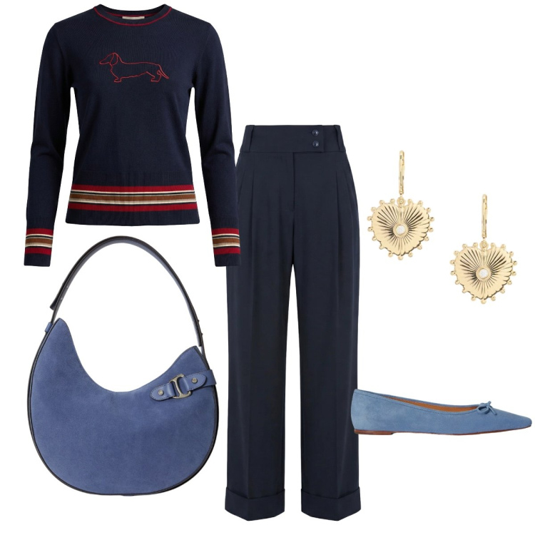 Outfit donna - Total look #2354648. Stile Casual chic per Tutti i giorni. Abbinamento con pantaloni, maglieria, ballerine, orecchini, borse a spalla.