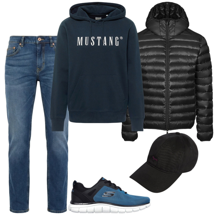 Outfit uomo - Total look #2354649. Stile Casual per Tutti i giorni. Abbinamento con felpe con cappuccio, jeans, cappelli con visiera, bomber, sneakers.