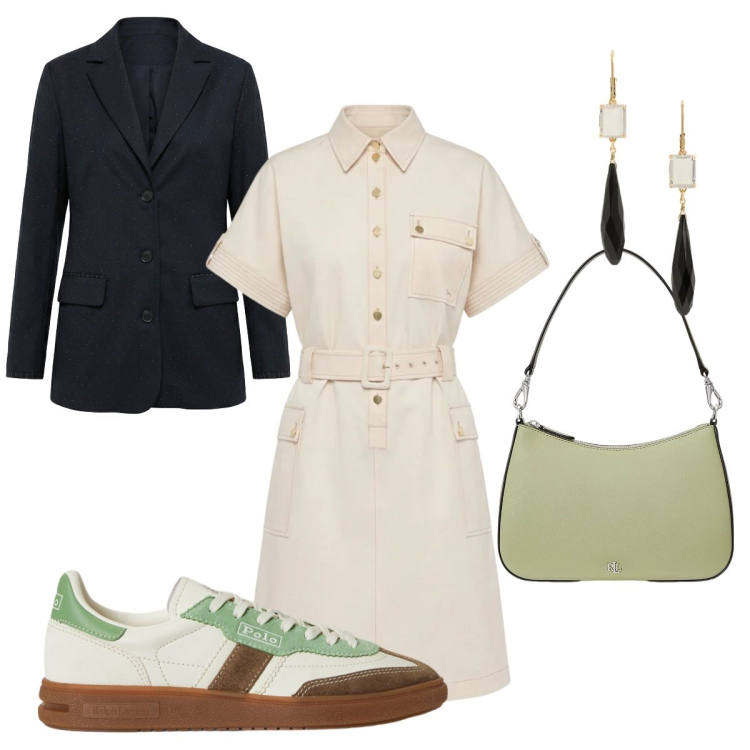 Outfit donna - Total look #2354650. Stile Basic per Tutti i giorni. Abbinamento con vestiti chemisier, blazer, borse a spalla, orecchini, sneakers.