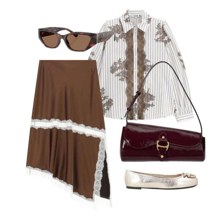 Outfit donna - Marzo. Stile Glamour per Tutti i giorni. Abbinamento con ballerine, gonne longuette, camicie, occhiali da sole, borse a spalla.