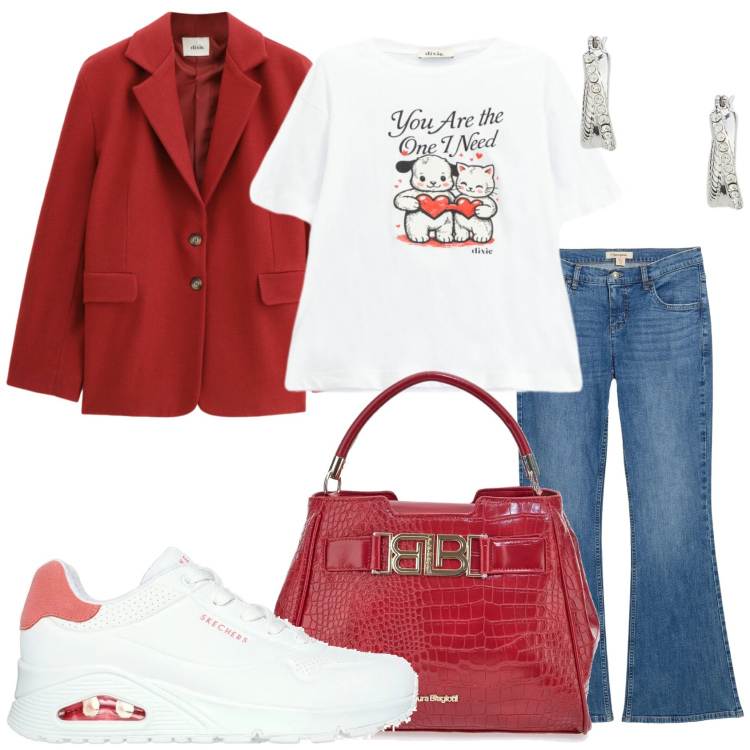 Outfit donna - In giro per la città. Stile Trendy per Tutti i giorni. Abbinamento con jeans a zampa, t-shirt, blazer, orecchini, sneakers, borse a mano.