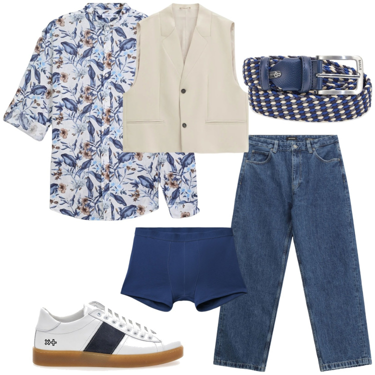 Outfit uomo - Total look #2354669. Stile Trendy per Serata speciale. Abbinamento con jeans, gilet, camicie, boxer, cinture, sneakers.