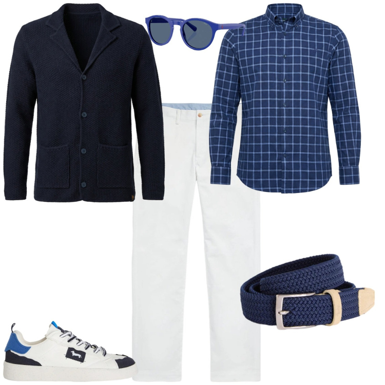 Outfit uomo - Trendy ufficio tempo libero. Stile Trendy per Tutti i giorni. Abbinamento con cinture, sneakers, camicie, cardigans, pantaloni, occhiali da sole.