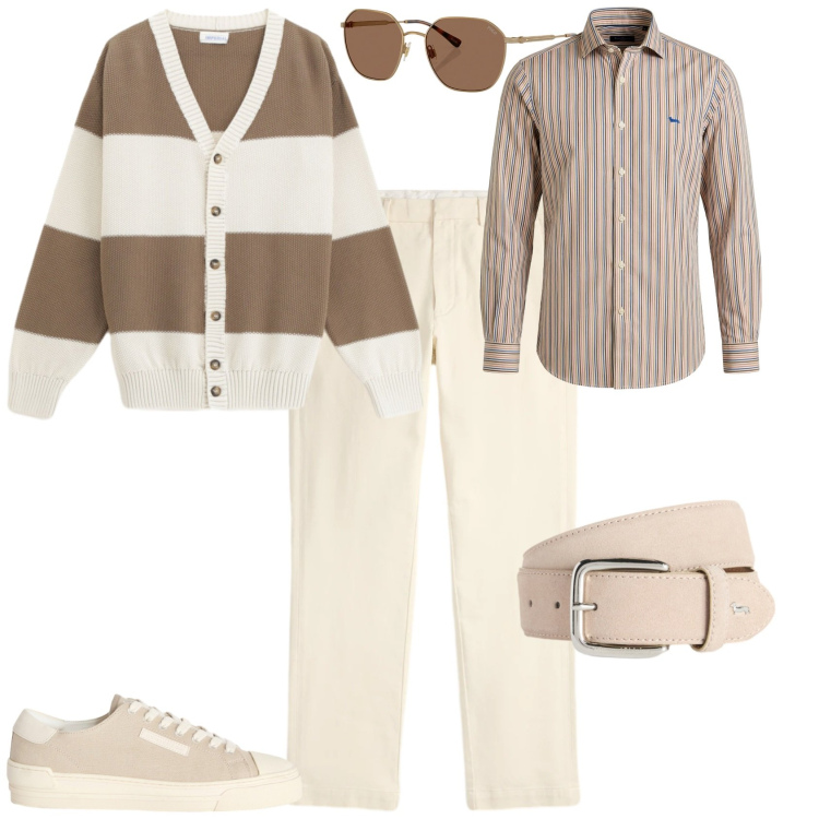 Outfit uomo - Trendy ufficio tempo libero. Stile Trendy per Tutti i giorni. Abbinamento con camicie, sneakers, cinture, cardigans, occhiali da sole, pantaloni chino.