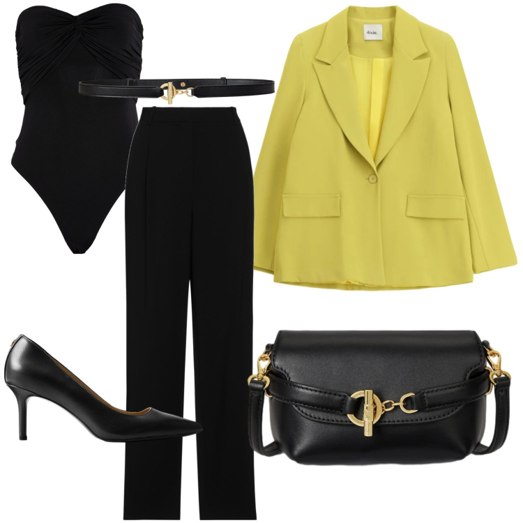 Outfit donna - Serata festa della donna tra amiche. Stile Chic per Serata fuori. Abbinamento con body, pantaloni, blazer, borse a tracolla, cinture, décolleté.